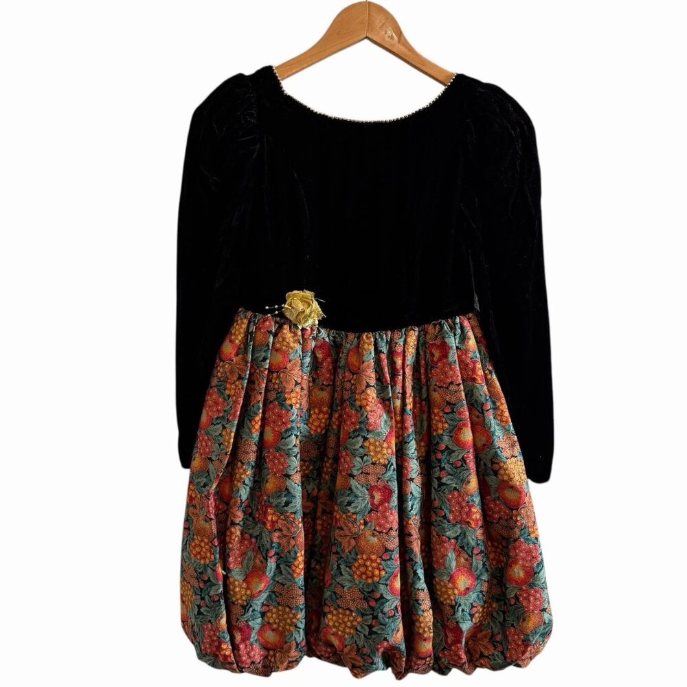 Vintage Plum Pudding Fruit Velvet Floral Bubble Hem Beaded Neckline Dress 10